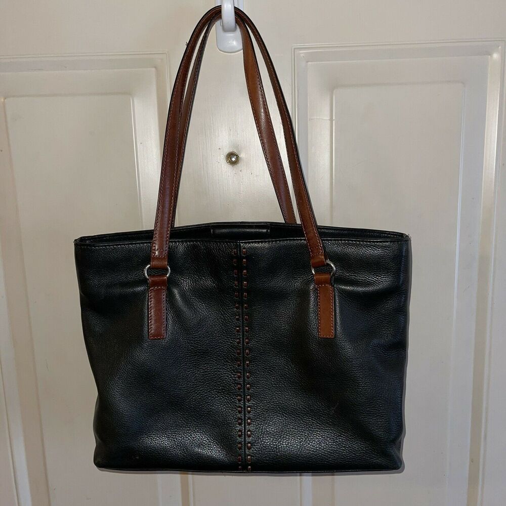 Vintage FOSSIL Black Pebbled Leather Shoulder Bag With Brown Contrasting Handles